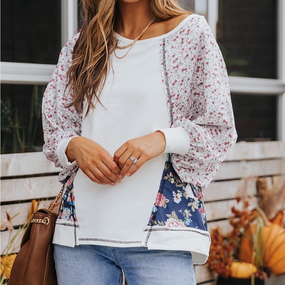 Oversized Floral Lantern Sleeve Round Neck Top